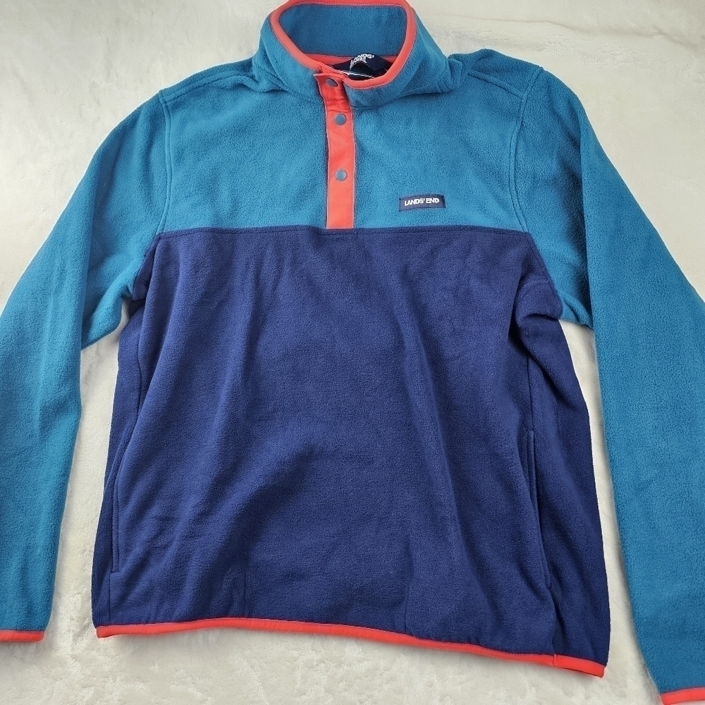 Lands End Pullover Sweater Large Color Block Snap Buttons
